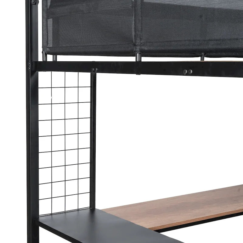 Full Size Metal Loft Bed Desk Shelves Wood Slats Textilene Guardrail Black