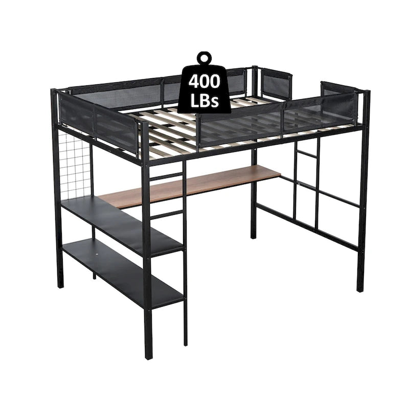 Full Size Metal Loft Bed Desk Shelves Wood Slats Textilene Guardrail Black