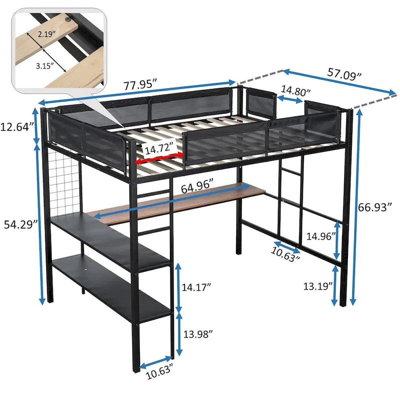 Full Size Metal Loft Bed Desk Shelves Wood Slats Textilene Guardrail Black