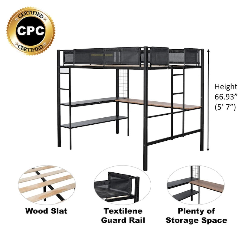 Full Size Metal Loft Bed Desk Shelves Wood Slats Textilene Guardrail Black