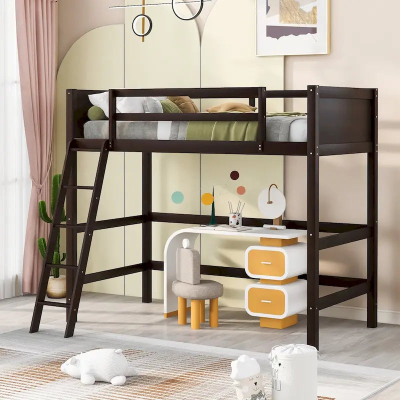 Espresso Twin Solid Wood Loft Bed with Ladder and Safety Guardrail