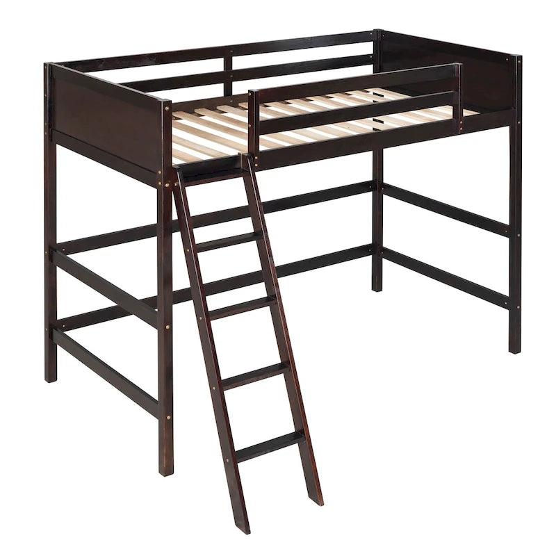 Espresso Twin Solid Wood Loft Bed with Ladder and Safety Guardrail