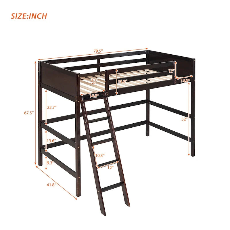 Espresso Twin Solid Wood Loft Bed with Ladder and Safety Guardrail