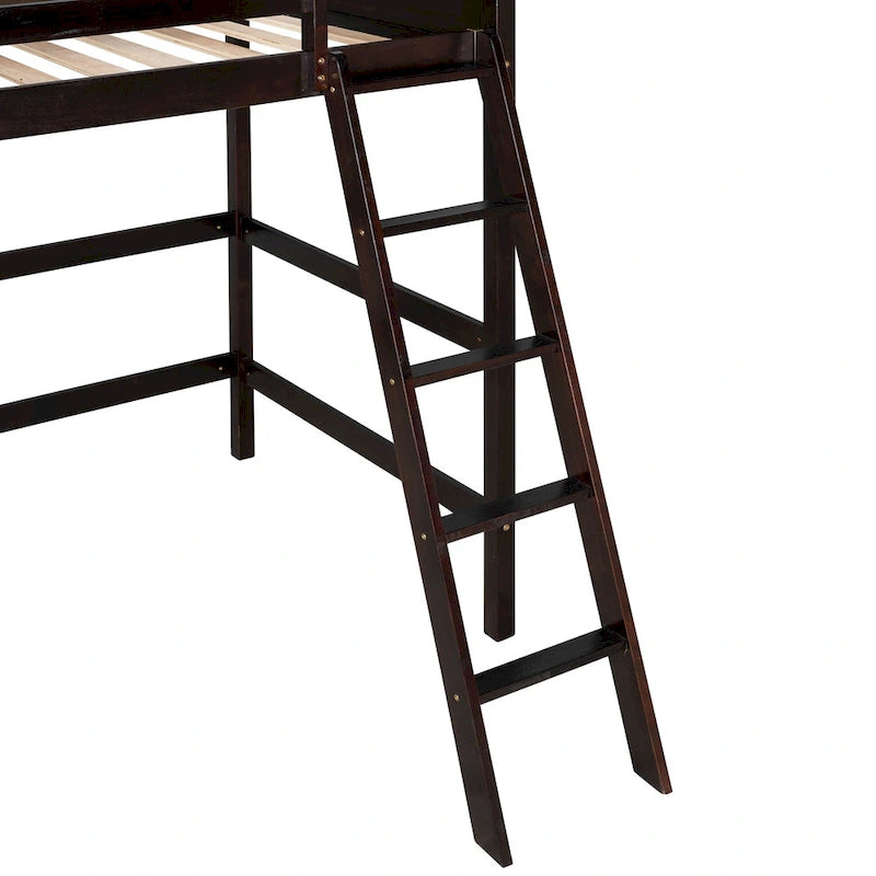 Espresso Twin Solid Wood Loft Bed with Ladder and Safety Guardrail