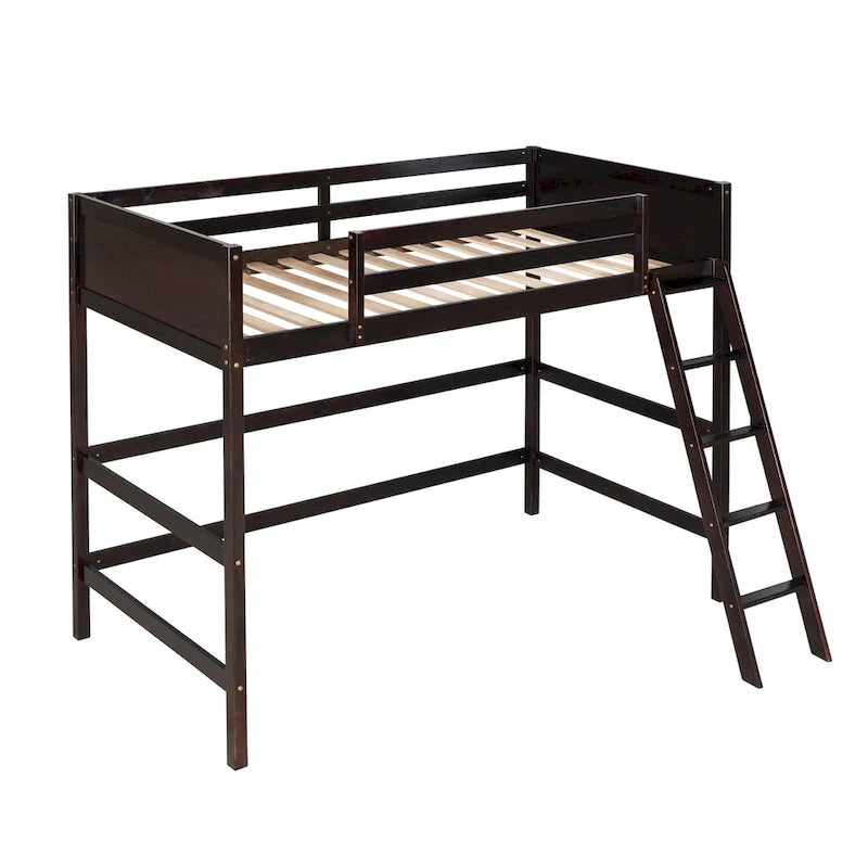 Espresso Twin Solid Wood Loft Bed with Ladder and Safety Guardrail