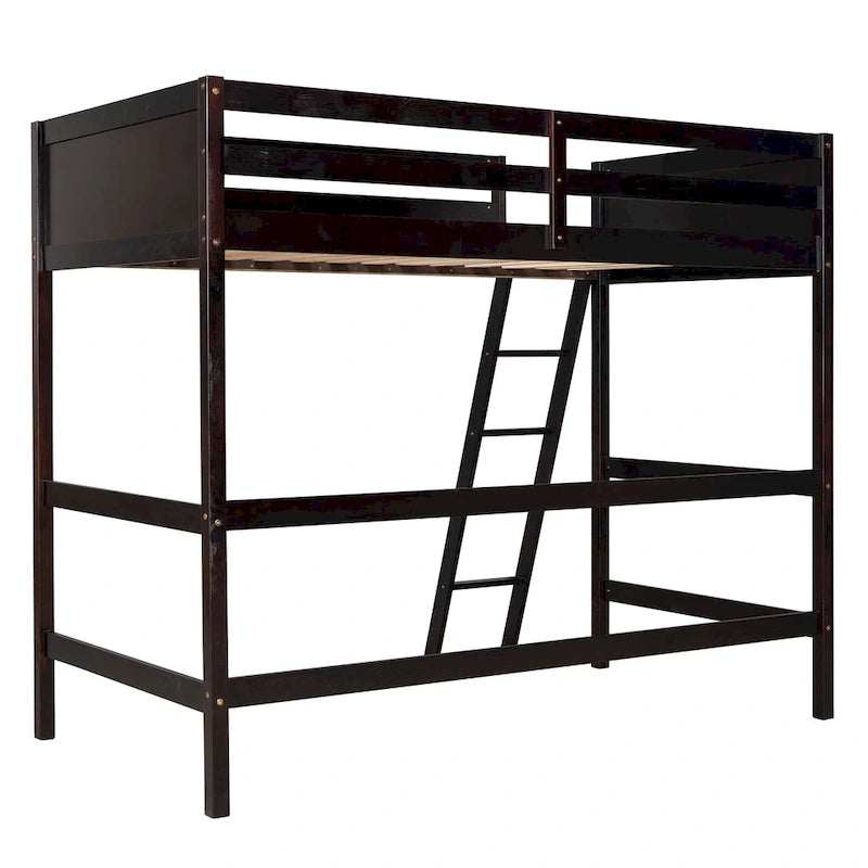 Espresso Twin Solid Wood Loft Bed with Ladder and Safety Guardrail