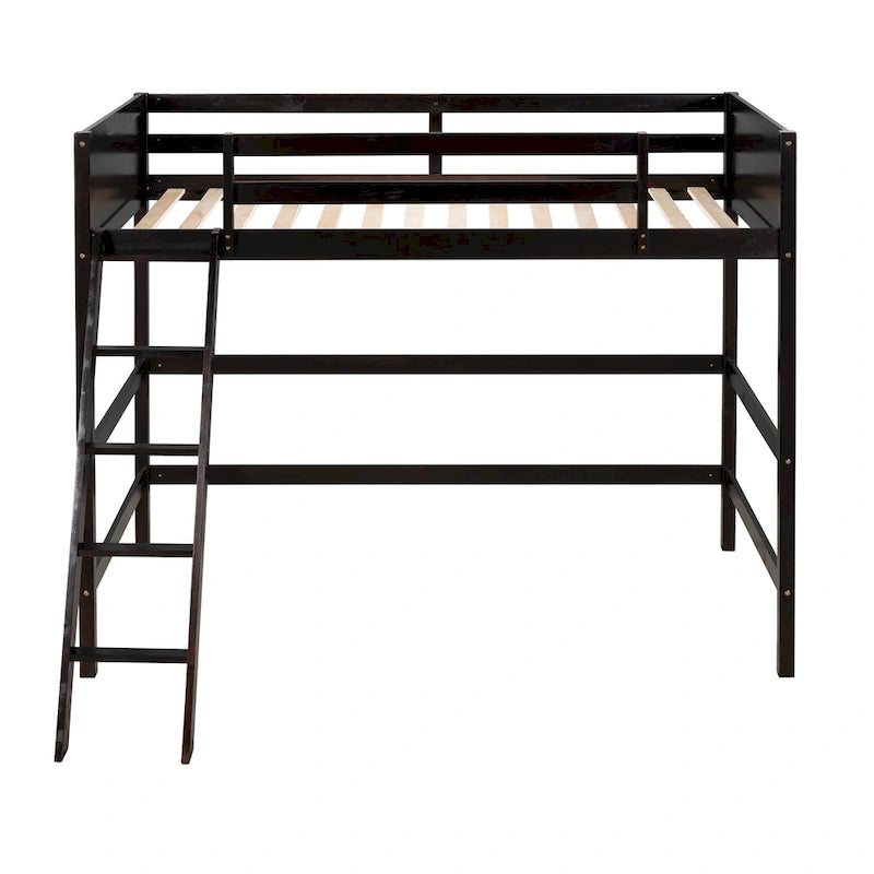 Espresso Twin Solid Wood Loft Bed with Ladder and Safety Guardrail