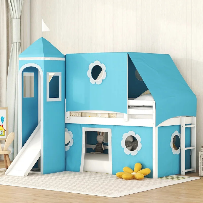 Blue Kids House Loft Bed with Slide Solid Pine Wood Playhouse Style