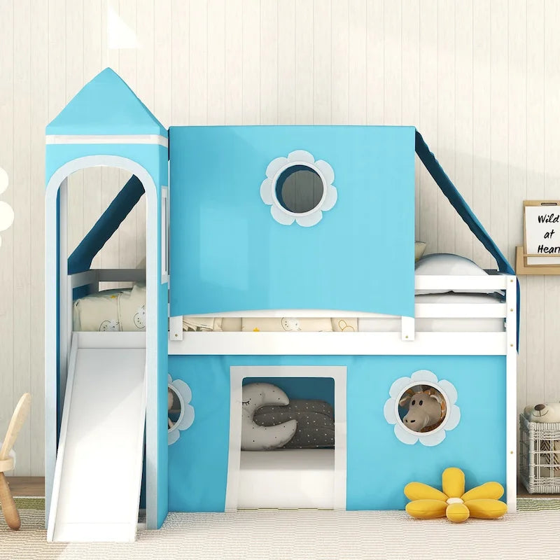 Blue Kids House Loft Bed with Slide Solid Pine Wood Playhouse Style
