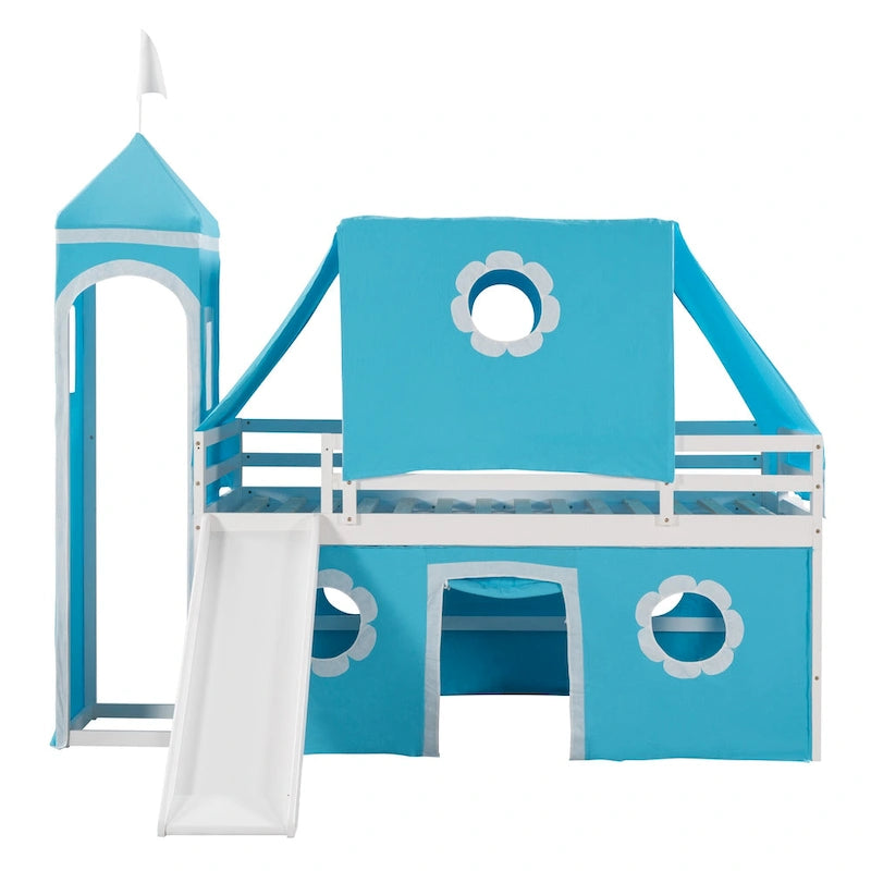 Blue Kids House Loft Bed with Slide Solid Pine Wood Playhouse Style