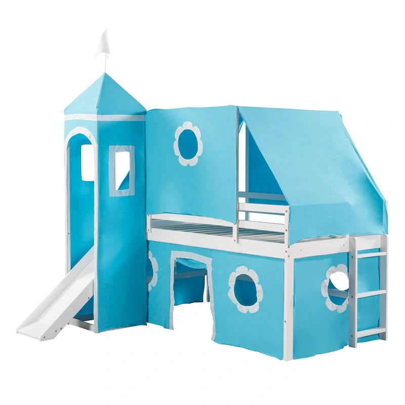 Blue Kids House Loft Bed with Slide Solid Pine Wood Playhouse Style