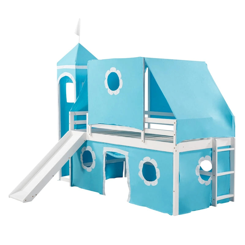 Blue Kids House Loft Bed with Slide Solid Pine Wood Playhouse Style