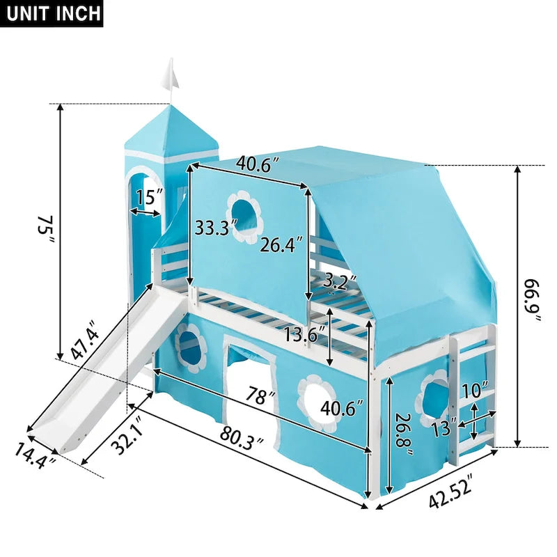 Blue Kids House Loft Bed with Slide Solid Pine Wood Playhouse Style