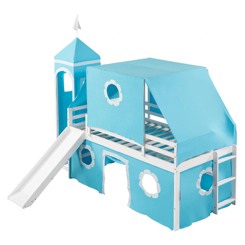 Blue Kids House Loft Bed with Slide Solid Pine Wood Playhouse Style