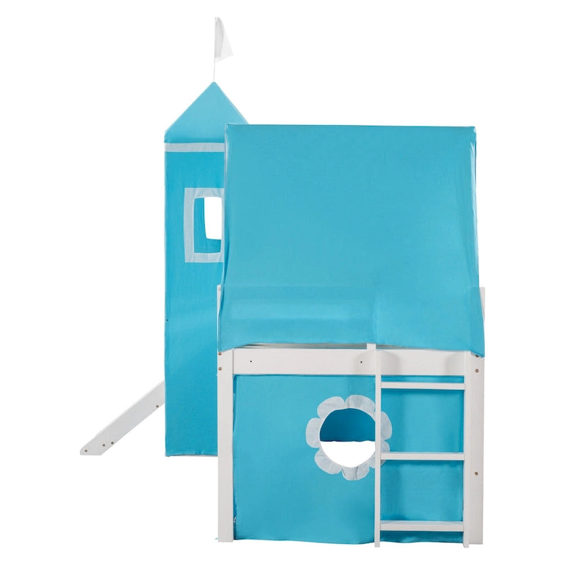 Blue Kids House Loft Bed with Slide Solid Pine Wood Playhouse Style