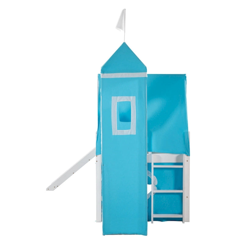 Blue Kids House Loft Bed with Slide Solid Pine Wood Playhouse Style