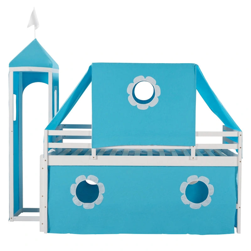 Blue Kids House Loft Bed with Slide Solid Pine Wood Playhouse Style