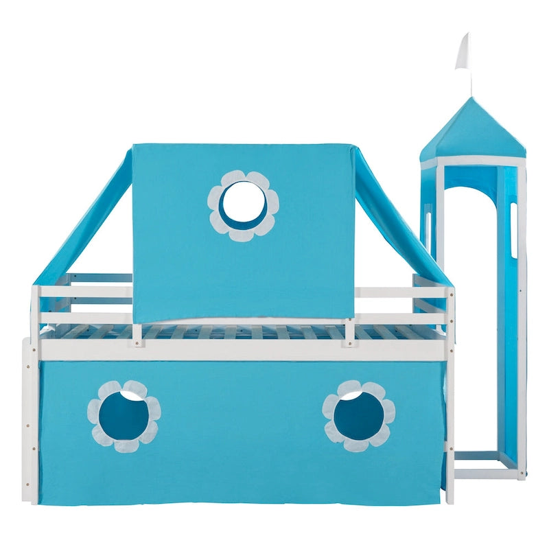 Blue Kids House Loft Bed with Slide Solid Pine Wood Playhouse Style