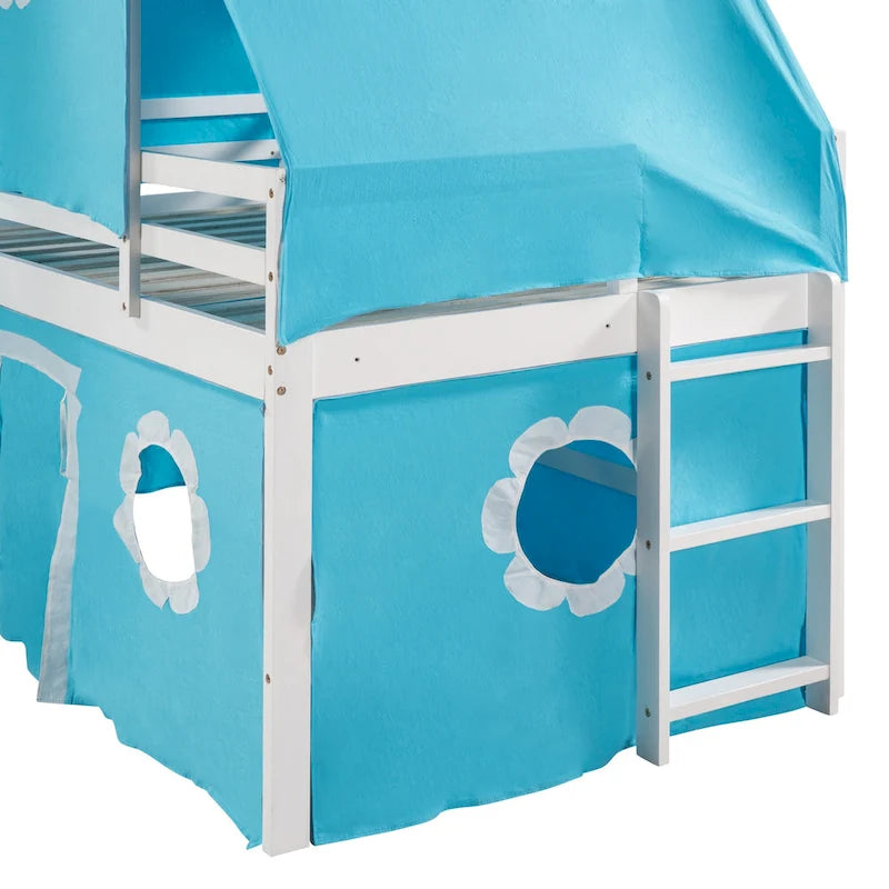Blue Kids House Loft Bed with Slide Solid Pine Wood Playhouse Style