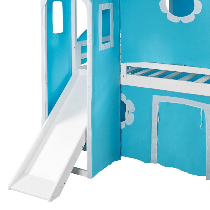 Blue Kids House Loft Bed with Slide Solid Pine Wood Playhouse Style
