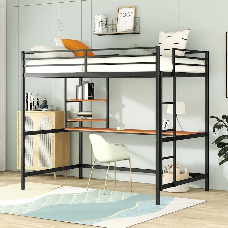 Black Metal Loft Bed with Desk Ladder Shelves Kids
