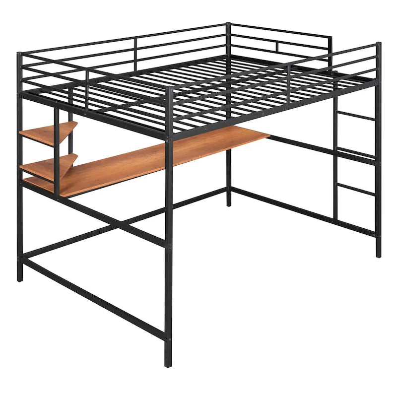 Black Metal Loft Bed with Desk Ladder Shelves Kids