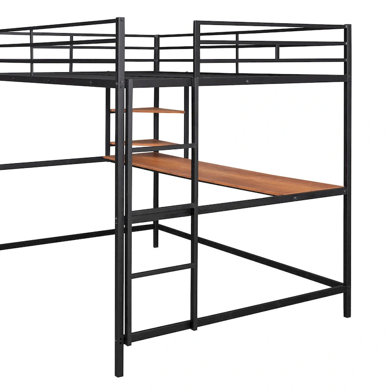 Black Metal Loft Bed with Desk Ladder Shelves Kids