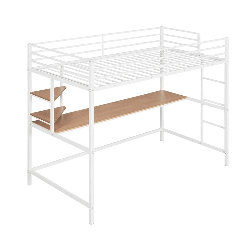 White Twin Metal Loft Bed with Built-In Desk, Shelves and Side Ladder for Kids