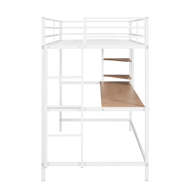 White Twin Metal Loft Bed with Built-In Desk, Shelves and Side Ladder for Kids