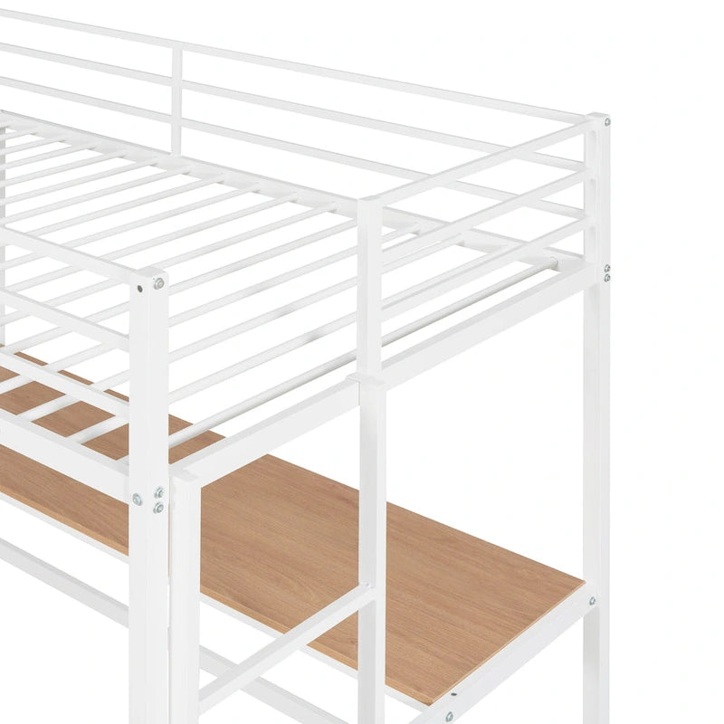 White Twin Metal Loft Bed with Built-In Desk, Shelves and Side Ladder for Kids