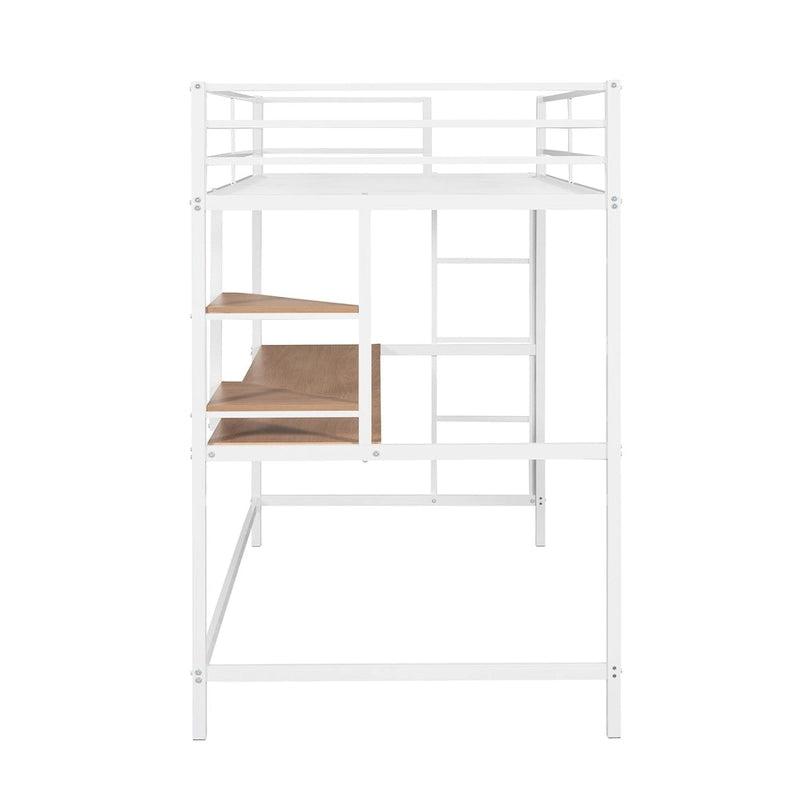 White Twin Metal Loft Bed with Built-In Desk, Shelves and Side Ladder for Kids