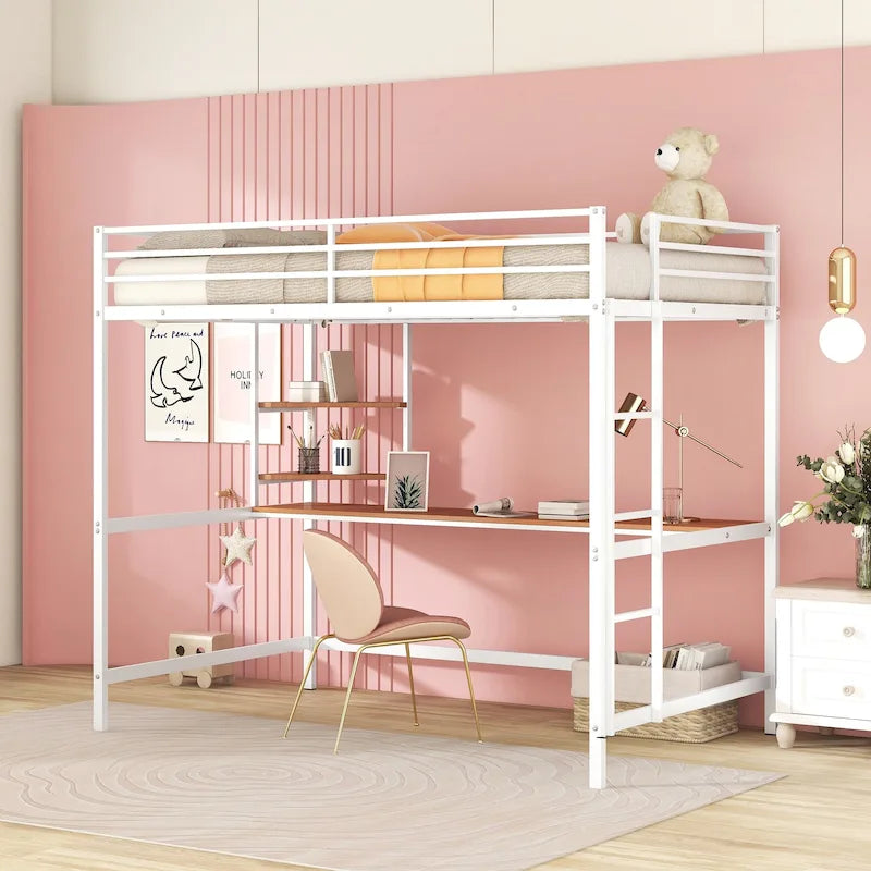 White Full Size Metal Loft Bed with Built-In Desk and Storage Shelves