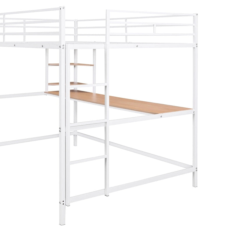 White Full Size Metal Loft Bed with Built-In Desk and Storage Shelves