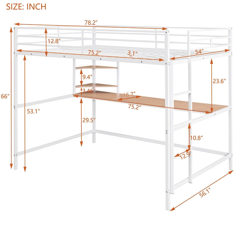 White Full Size Metal Loft Bed with Built-In Desk and Storage Shelves