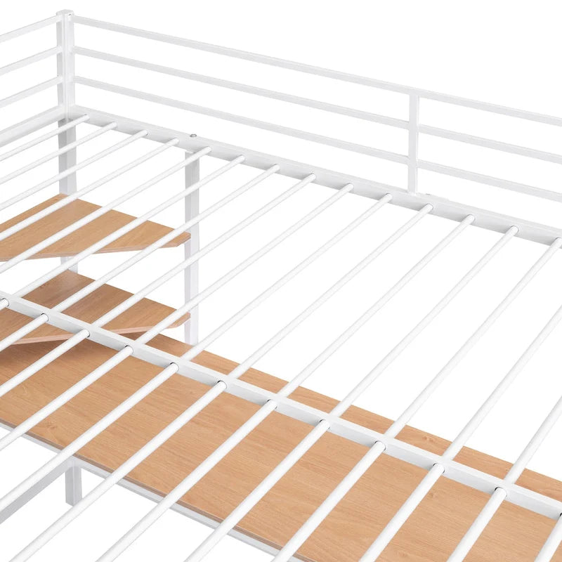 White Full Size Metal Loft Bed with Built-In Desk and Storage Shelves