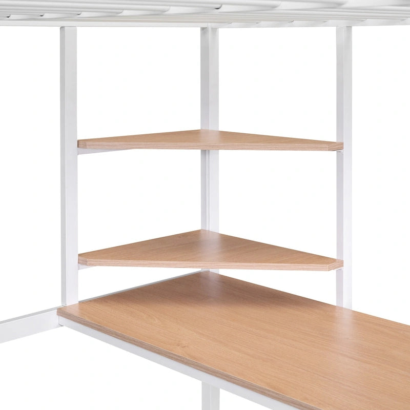 White Full Size Metal Loft Bed with Built-In Desk and Storage Shelves