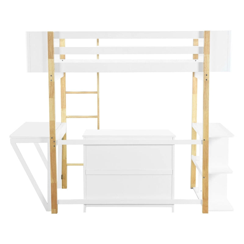 White Solid Wood Loft Bed with Storage Cabinet and Foldable Desk