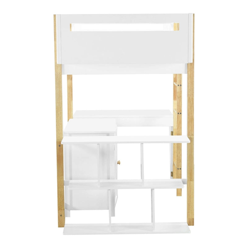 White Solid Wood Loft Bed with Storage Cabinet and Foldable Desk