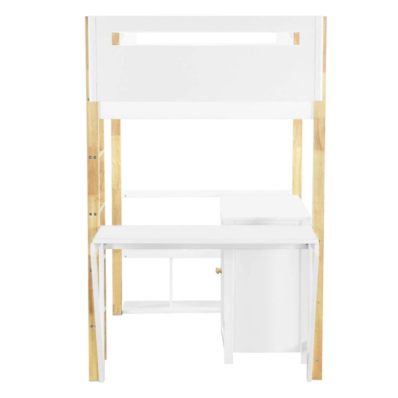 White Solid Wood Loft Bed with Storage Cabinet and Foldable Desk