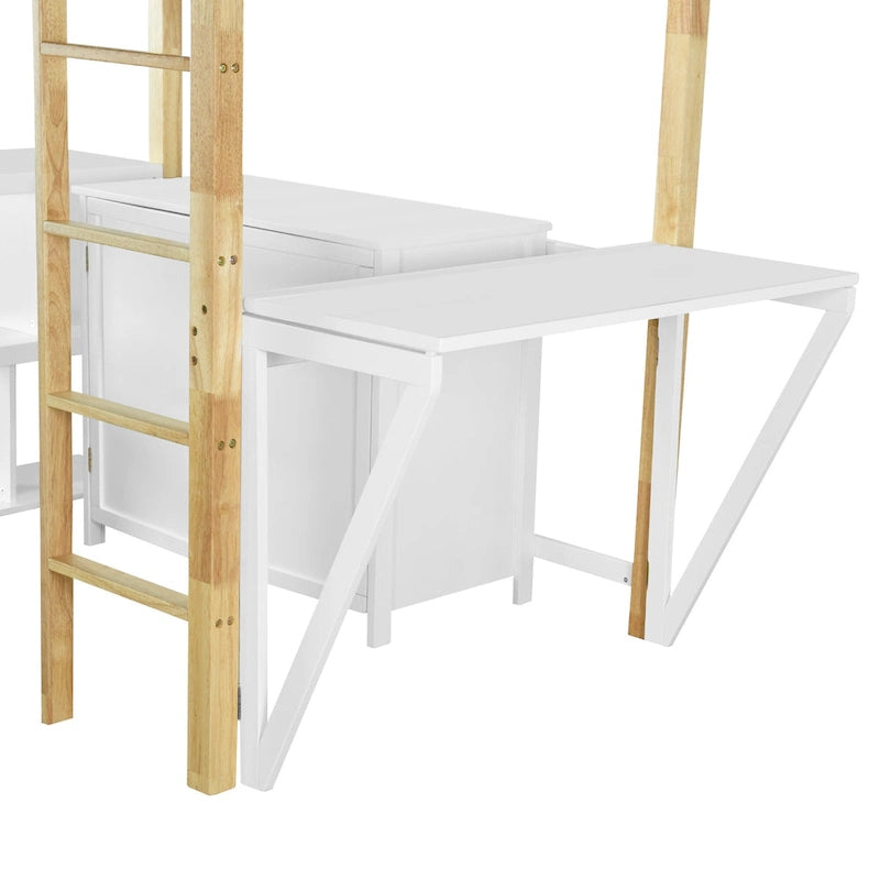 White Solid Wood Loft Bed with Storage Cabinet and Foldable Desk
