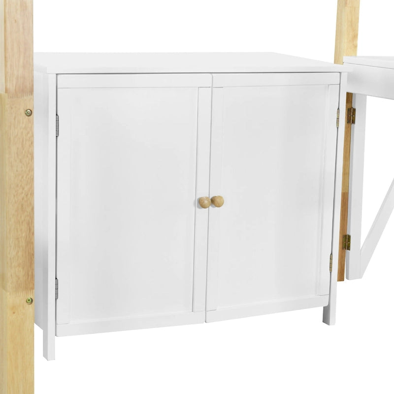 White Solid Wood Loft Bed with Storage Cabinet and Foldable Desk