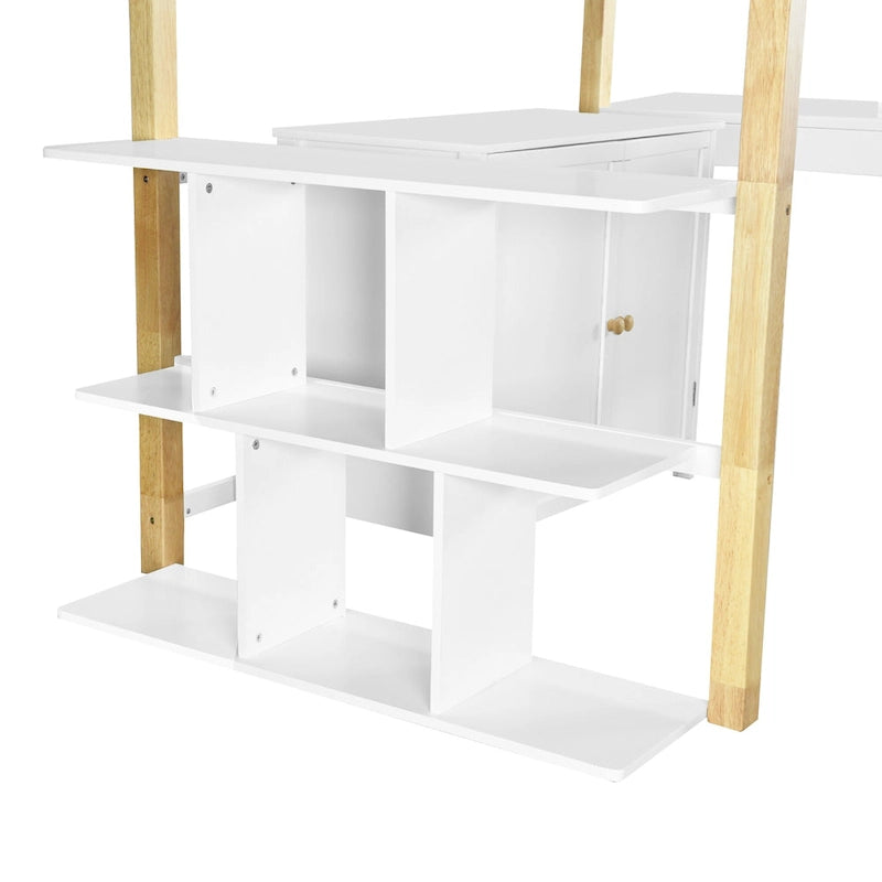White Solid Wood Loft Bed with Storage Cabinet and Foldable Desk