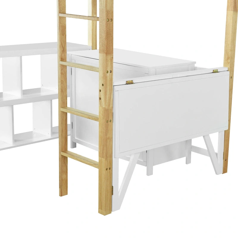 White Solid Wood Loft Bed with Storage Cabinet and Foldable Desk