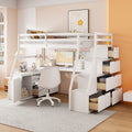 White Full Size Loft Bed with Staircase Drawers Shelves Desk Storage Cabinet