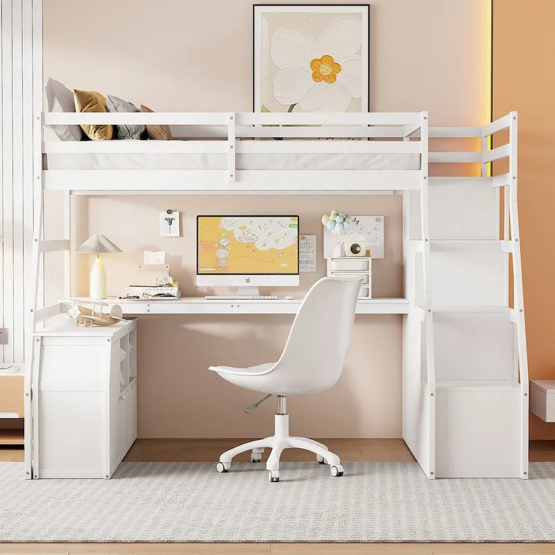 White Full Size Loft Bed with Staircase Drawers Shelves Desk Storage Cabinet