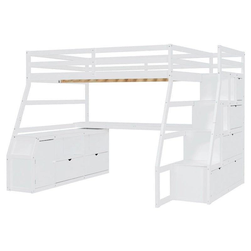 White Full Size Loft Bed with Staircase Drawers Shelves Desk Storage Cabinet