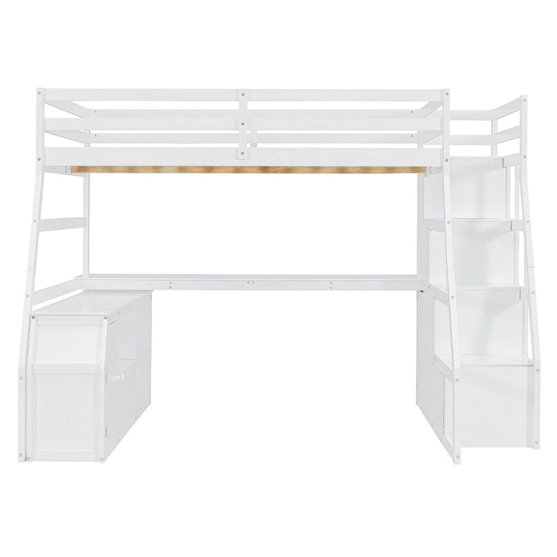 White Full Size Loft Bed with Staircase Drawers Shelves Desk Storage Cabinet