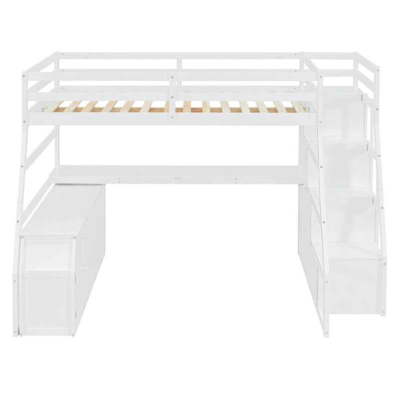 White Full Size Loft Bed with Staircase Drawers Shelves Desk Storage Cabinet