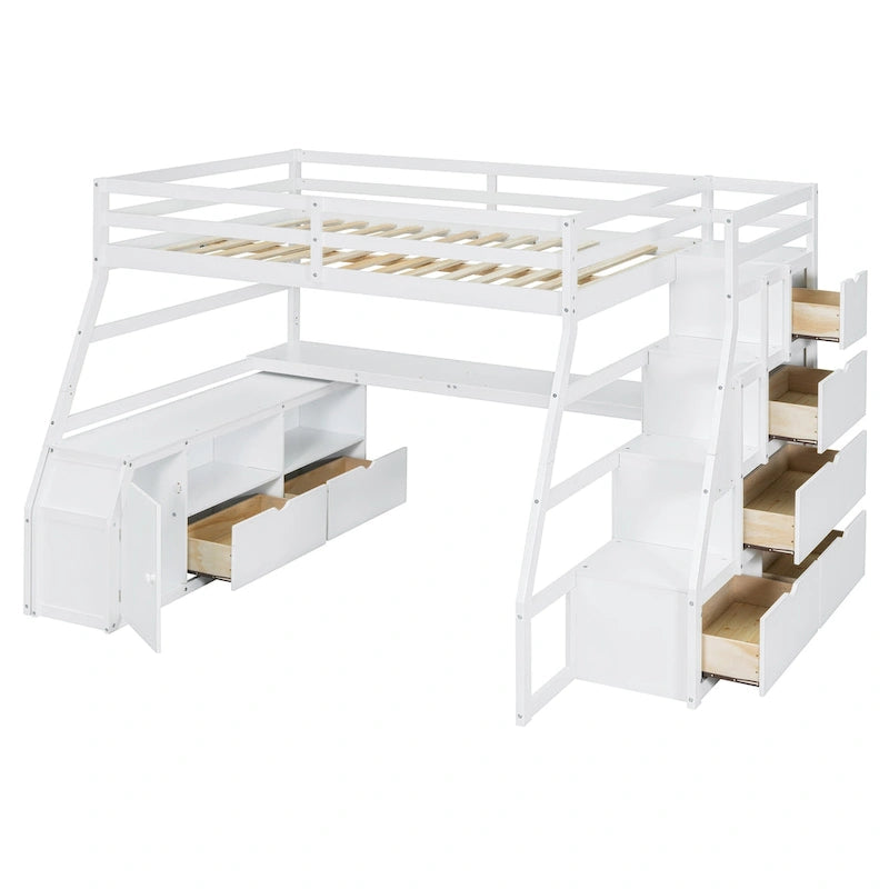White Full Size Loft Bed with Staircase Drawers Shelves Desk Storage Cabinet