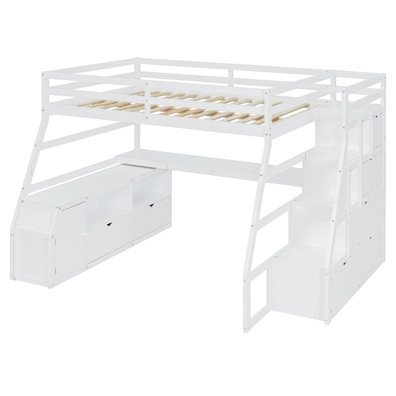 White Full Size Loft Bed with Staircase Drawers Shelves Desk Storage Cabinet